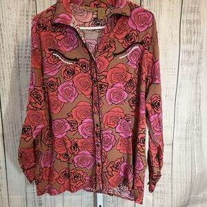 Wrangler Women’s Pearl Snap Shirt Xl Rose Print Long Sleeve Floral